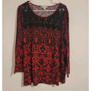 Christopher And Banks Womens 2x Black Red Paisley Blouse Goth Punk Lace Top